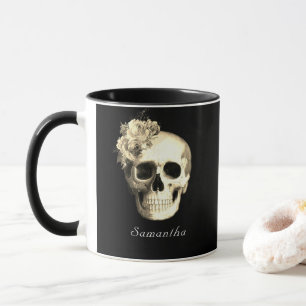 Gothic Skull White Roses Personalised Mug