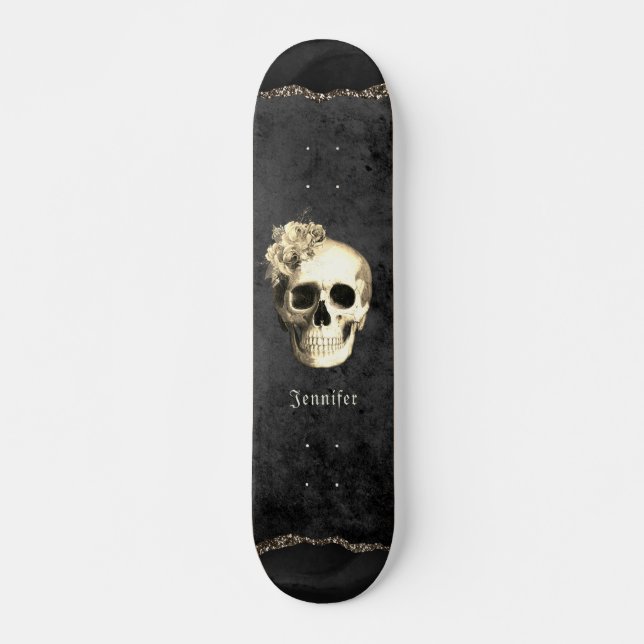 Gothic Skull White Roses Personalised  Skateboard (Front)