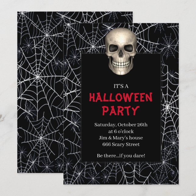 Gothic Skull White Spider Web Halloween Party Invitation (Front/Back)