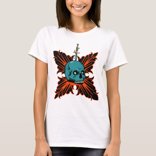Gothic Skull with Sword and Fiery Tribal Design T-Shirt (Front)