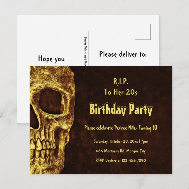 Gothic Skull Yellow Birthday Party RIP To Her 20s Invitation Postcard (Front/Back)
