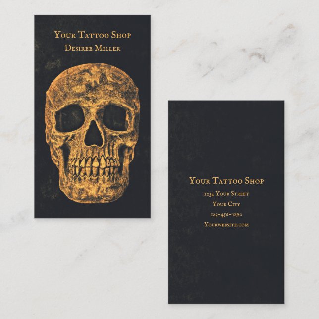Gothic Skull Yellow Gold Black Grunge Texture Business Card (Front/Back)