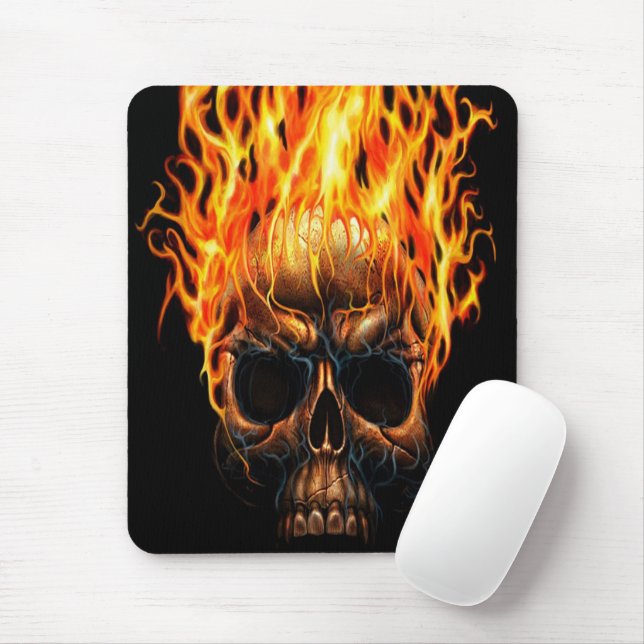 Gothic Skull Yellow Orange Fire Flames Pattern Mouse Mat (With Mouse)