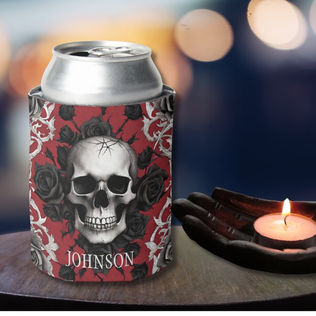 Gothic Skulls and Black Roses Monogram Can Cooler (Creator Uploaded)
