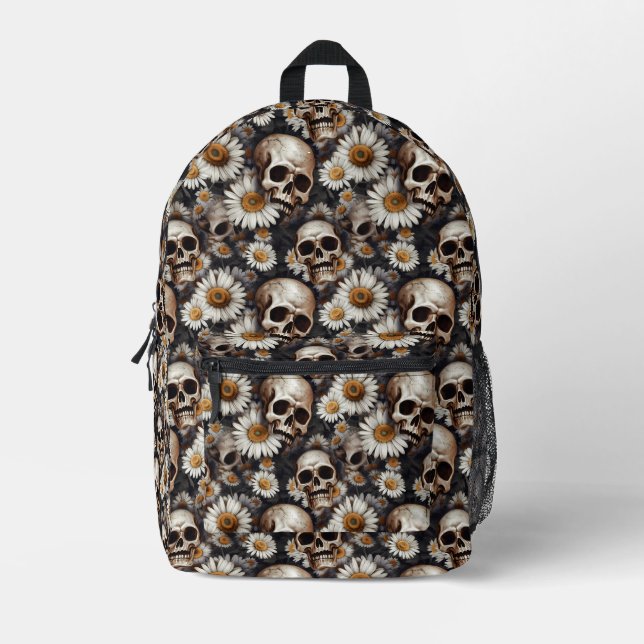 Gothic Skulls and Flowers Pattern  Printed Backpack (Front)