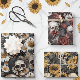 Gothic Skulls and Flowers Pattern Wrapping Paper Sheet