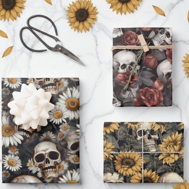 Gothic Skulls and Flowers Pattern  Wrapping Paper Sheet (Creator Uploaded)