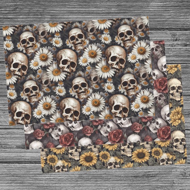 Gothic Skulls and Flowers Pattern  Wrapping Paper Sheet (Creator Uploaded)