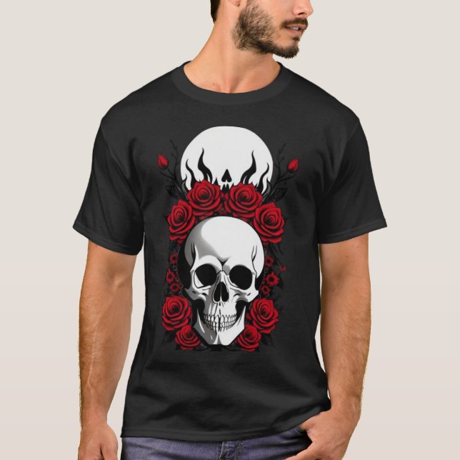 Gothic Skulls and red flowers Basic Dark T-Shirt (Front)
