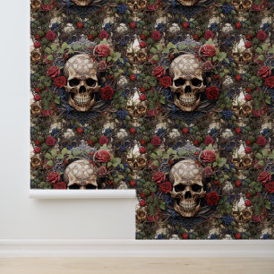 Gothic Skulls and Red Roses Floral Celtic Knotwork Wallpaper