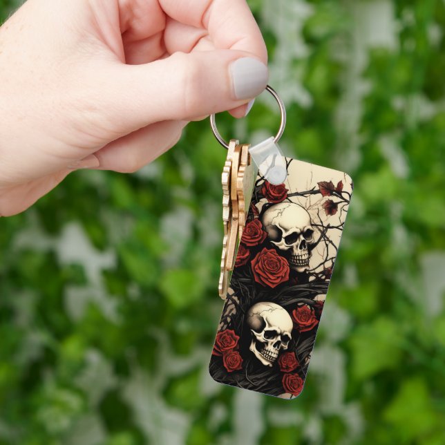 Gothic Skulls and Red Roses Key Ring (Hand)