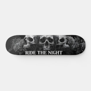 Gothic Skulls and Roses Design. Dark Engraving Skateboard