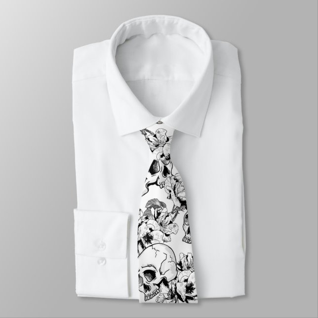 Gothic Skulls and Roses Line Art Business Wear Tie (Tied)