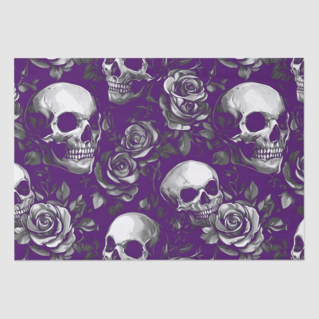 Gothic Skulls And Roses Purple Tissue Paper (Front)