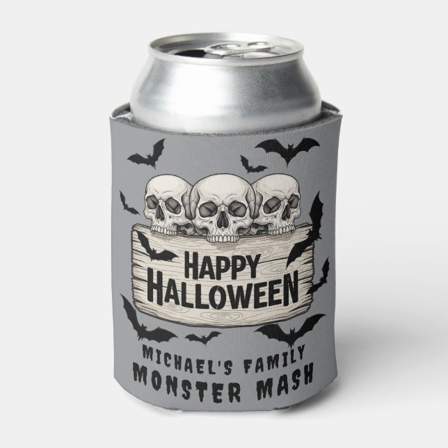 Gothic Skulls Bats Happy Halloween Beer Koozie (Can Front)