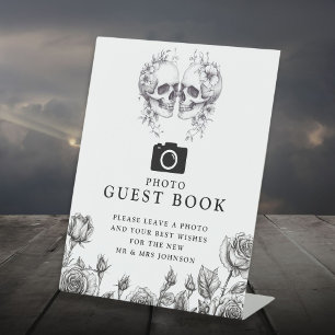 Gothic Skulls Black And White Photo Guest Book Pedestal Sign