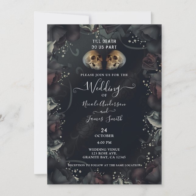Gothic Skulls & Black Roses Halloween Wedding Invitation (Front)