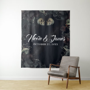 Gothic Skulls & Black Roses Wedding Backdrop Tapestry