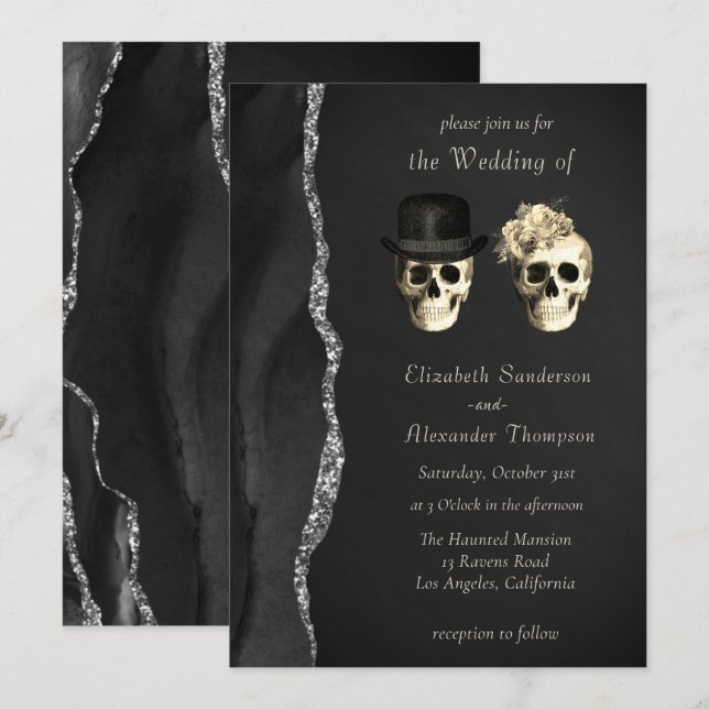 Gothic Skulls Black Silver Wedding Invitation (Front/Back)