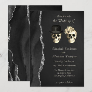 Gothic Skulls Black Silver Wedding Invitation