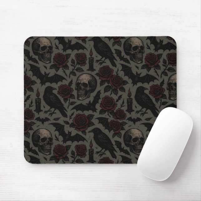 Gothic Skulls, Crows & Roses Pattern Mouse Mat (With Mouse)