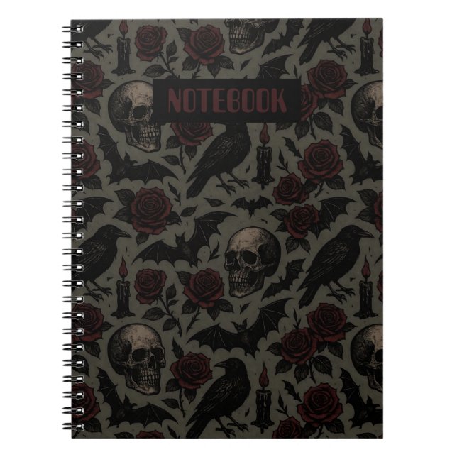 Gothic Skulls, Crows & Roses Pattern Notebook (Front)
