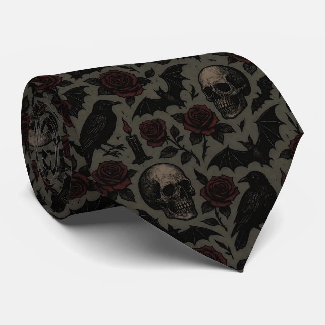 Gothic Skulls, Crows & Roses Pattern Tie (Rolled)