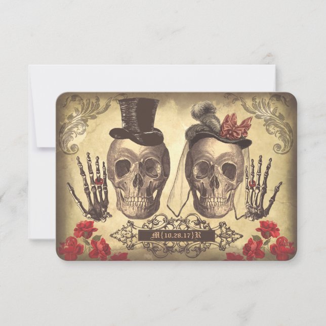 Gothic Skulls Day of The Dead Wedding RSVP cards (Front)