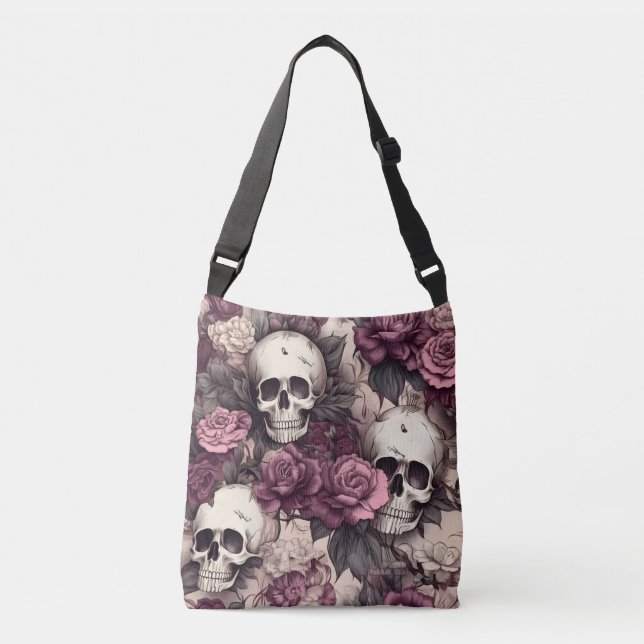 Gothic Skulls Fall Florals Dark Halloween Crossbody Bag (Front)