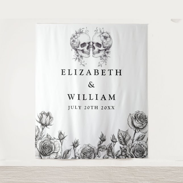 Gothic Skulls Floral Photo Booth Backdrop Tapestry (Front)