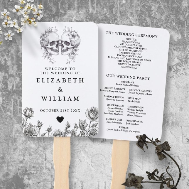 Gothic Skulls Floral Wedding Program Hand Fan (Gothic Skulls Floral Wedding Program Hand Fan)