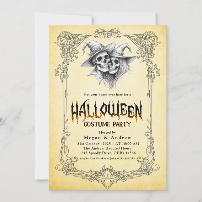 Gothic Skulls in Hats Halloween Costume Party Invitation (Front)