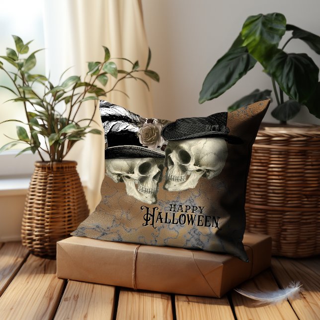 Gothic Skulls in Hats Vintage Halloween Cushion (Creator Uploaded)