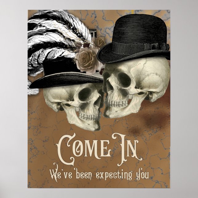Gothic Skulls in Hats Vintage Halloween Poster (Front)