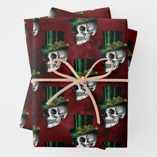 Gothic Skulls in Top Hats Red Green Holiday Wrapping Paper Sheet (In situ)
