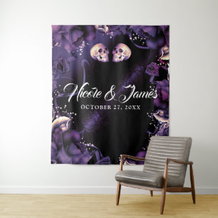 Gothic Skulls & Plum Purple Roses Wedding Backdrop Tapestry