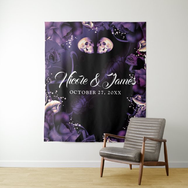 Gothic Skulls & Plum Purple Roses Wedding Backdrop Tapestry (In Situ)