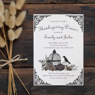 Gothic Skulls, Pumpkin & Fall Leaves Thanksgiving  Invitation