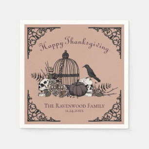 Gothic Skulls, Pumpkin & Fall Leaves Thanksgiving Napkin