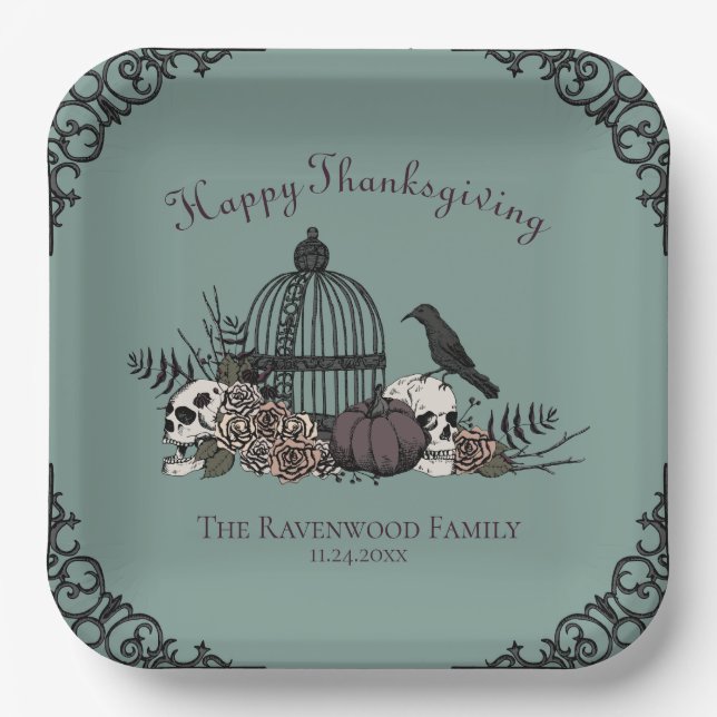 Gothic Skulls, Pumpkin & Fall Leaves Thanksgiving  Paper Plate (Front)