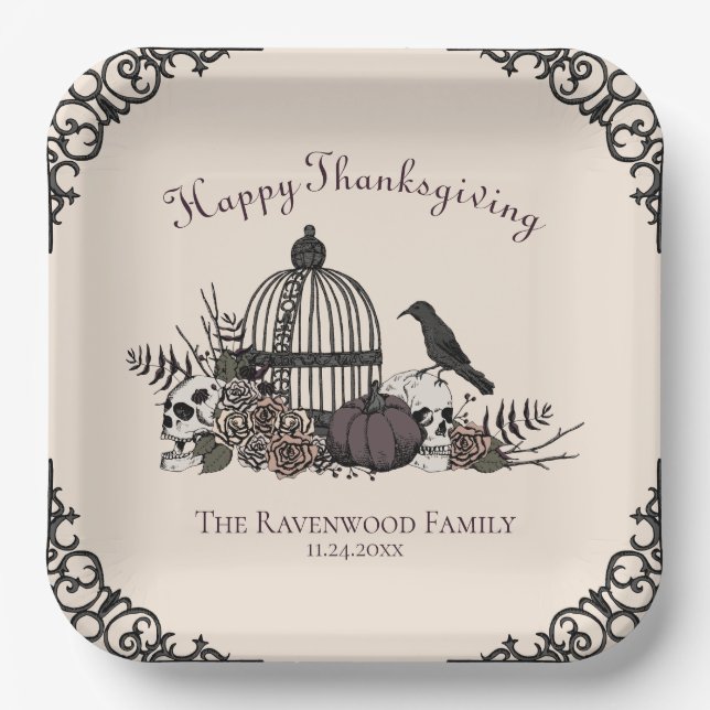 Gothic Skulls, Pumpkin & Fall Leaves Thanksgiving  Paper Plate (Front)