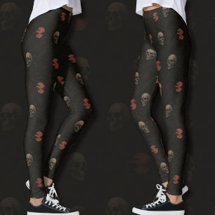 Gothic Skulls & Ravens Black Halloween Pattern Leggings