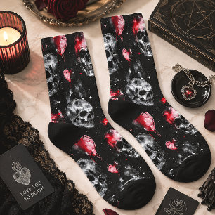 Gothic Skulls & Red Hearts Dark Valentine Socks