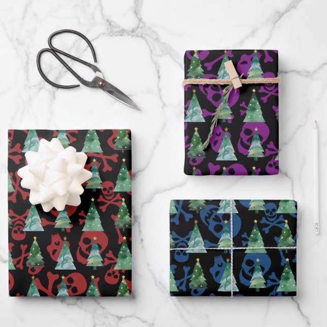 Gothic Skulls Red Purple Blue Christmas Trees  Wrapping Paper Sheet (Front)