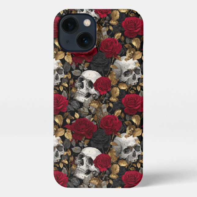 Gothic Skulls & Red Roses Dark Floral Gold iPhone Case (Back)
