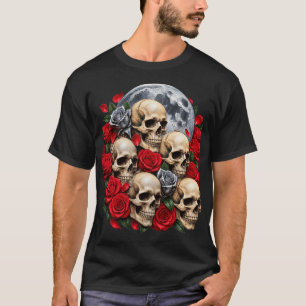 Gothic Skulls & Red Roses T-Shirt Vintage Floral
