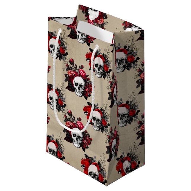 Gothic skulls red roses tiled pattern small gift bag (Front Angled)