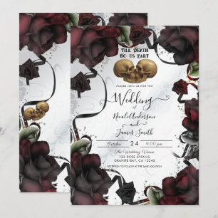 Gothic Skulls Red Roses White Halloween Wedding Invitation