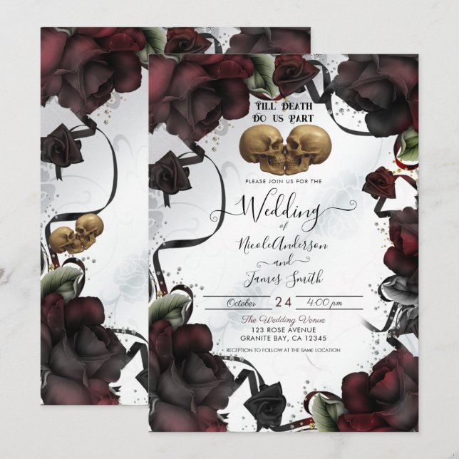 Gothic Skulls Red Roses White Halloween Wedding  Invitation (Front/Back)