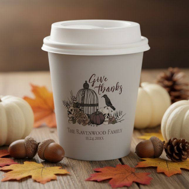 Gothic Skulls & Roses Give Thanks Friendsgiving Paper Cups (Fall Party Gray Give Thanks Gothic Thanksgiving Paper Cups. Vintage Skull, Birdcage, Pumpkin & Rose)